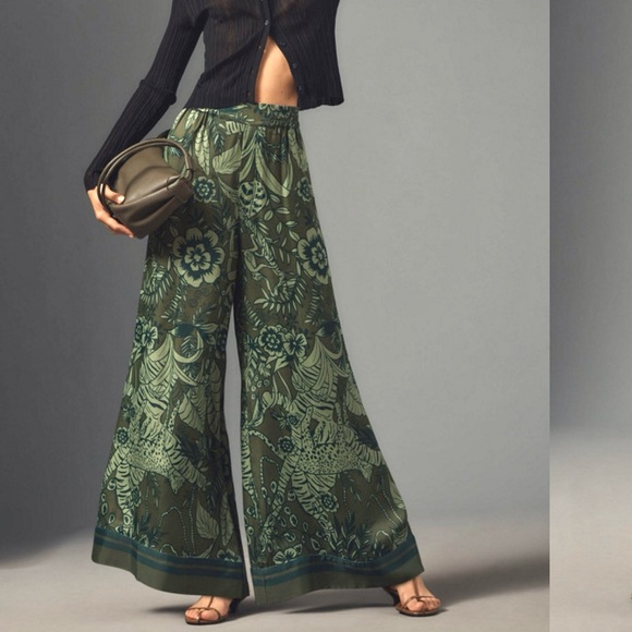 Anthropologie Pants - Farm Rio x Anthropologie Satin Tropical Green Wide Leg Pants | S